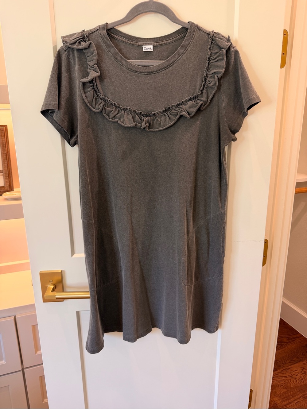 Clare V Charcoal Ruffle Yoke Short Sleeve Tee Dress